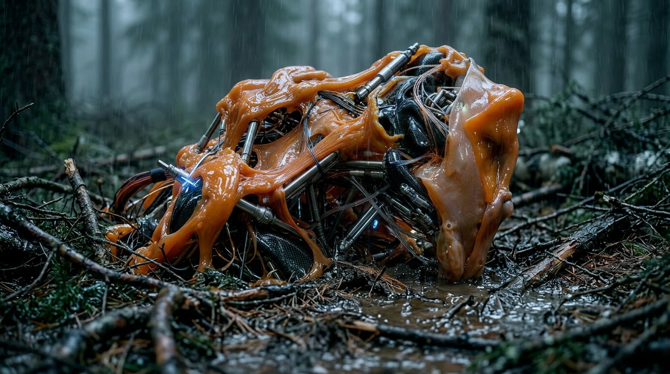 Firefly_Cinematic handheld ground level shot inside a dense conifer forest during heavy rain. 169522