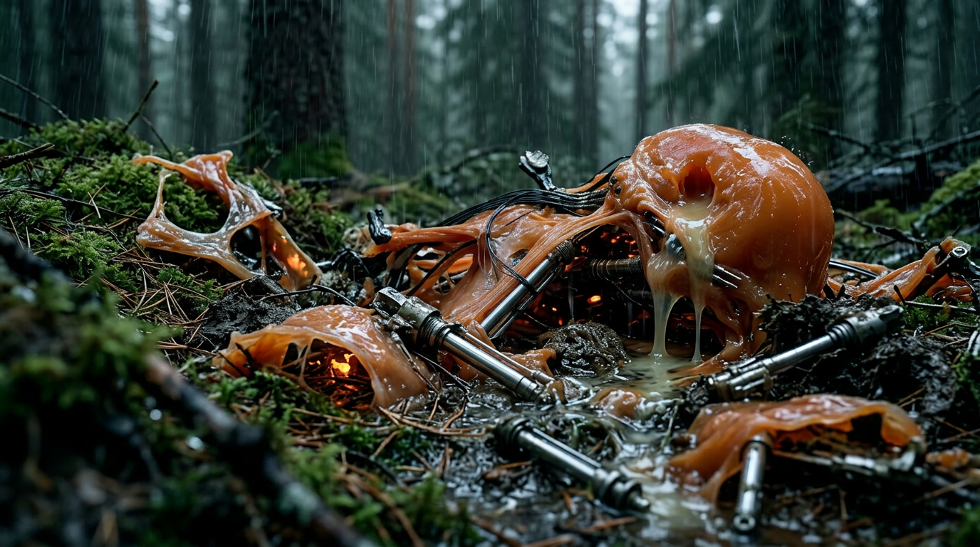 Firefly_Cinematic scene in a dense conifer forest during heavy rainfall. The camera is close  650006