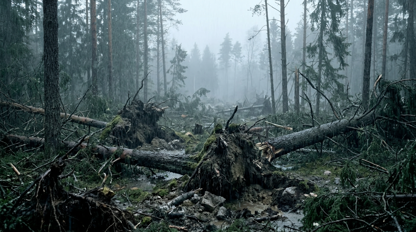 Firefly_Storm Damaged Conifer Forest__Cinematic wide shot inside a dense conifer forest after 574122