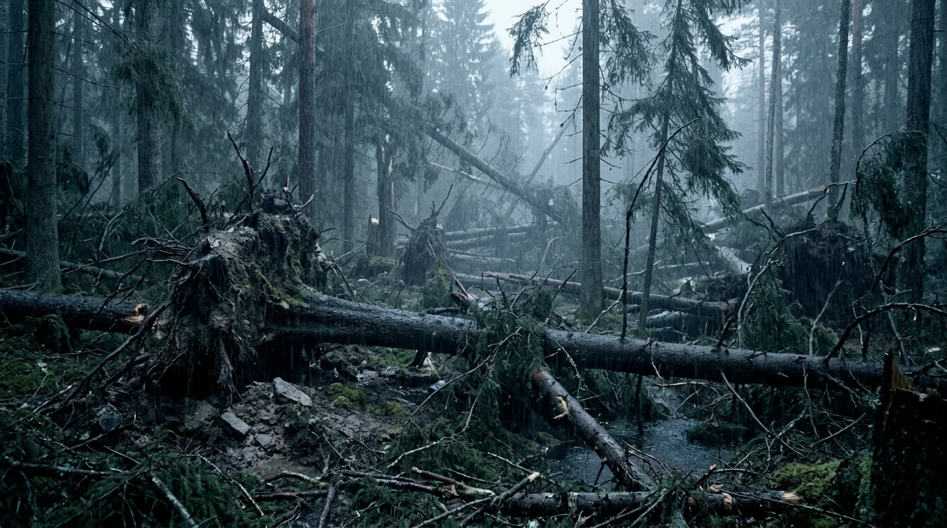 Firefly_Storm Damaged Conifer Forest__Cinematic wide shot inside a dense conifer forest after 578832
