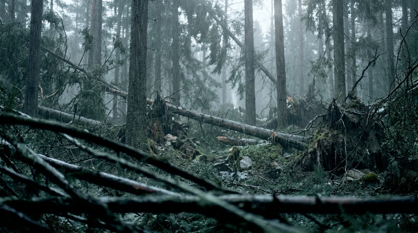 Firefly_Storm Damaged Conifer Forest__Cinematic wide shot inside a dense conifer forest after 650006