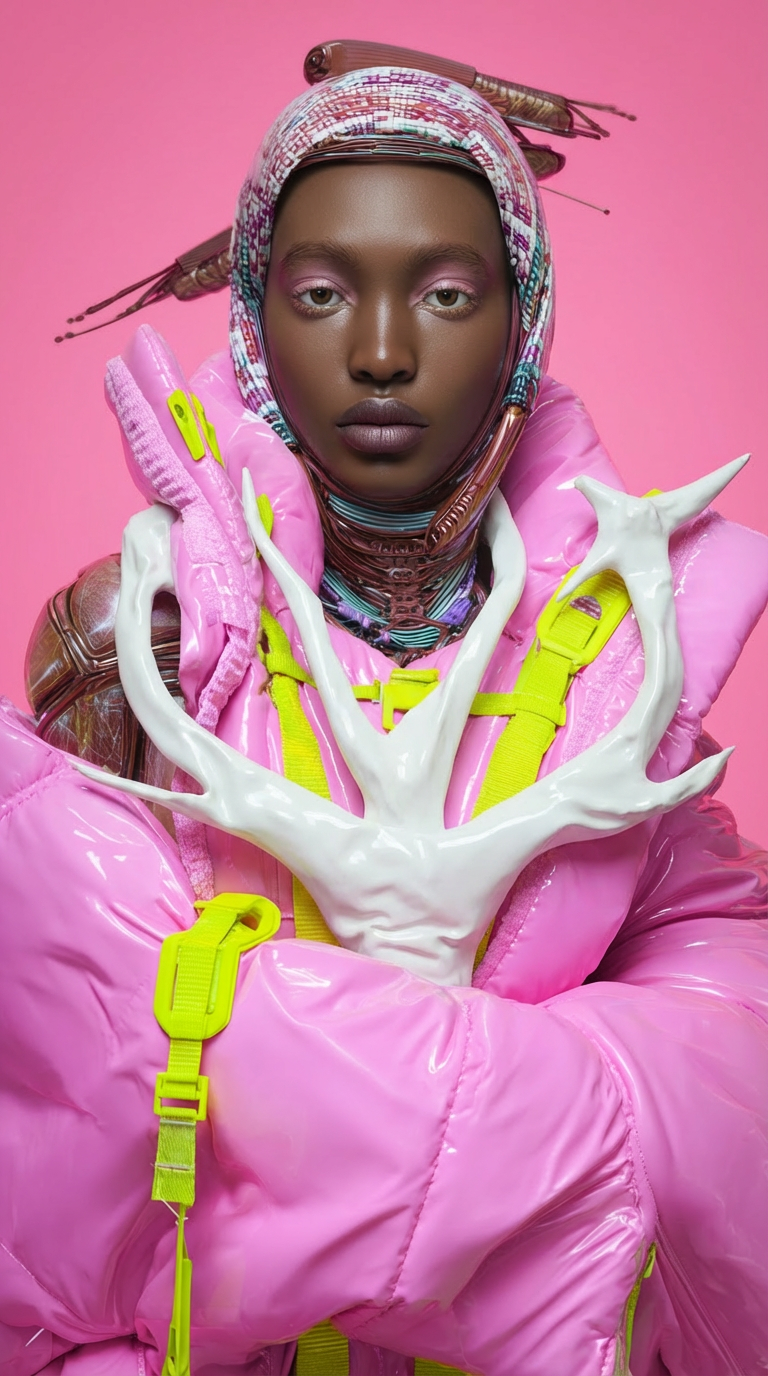 Firefly_Gemini Flash_a  woman is wearing a white sculptural shape, in combination with the  pink puff plas 758168 (1)